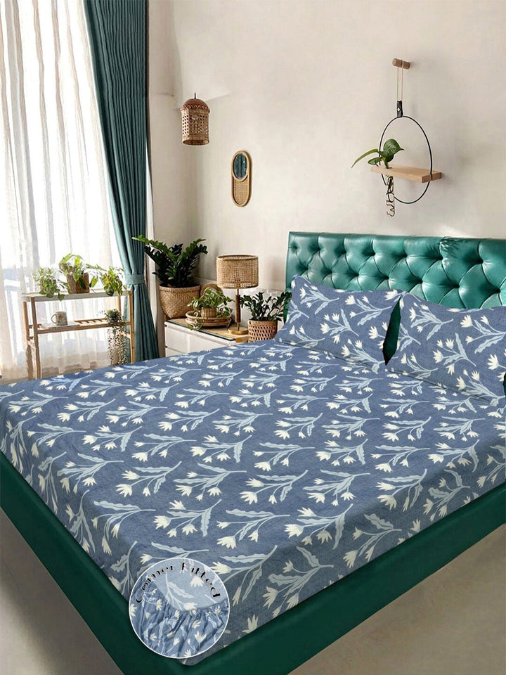 Aura Blue & White Floral Printed Fitted 300 TC King Bedsheet Set 2.50 m x 2.25 m