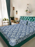 Aura Blue & White Floral Printed Fitted 300 TC King Bedsheet Set 2.50 m x 2.25 m