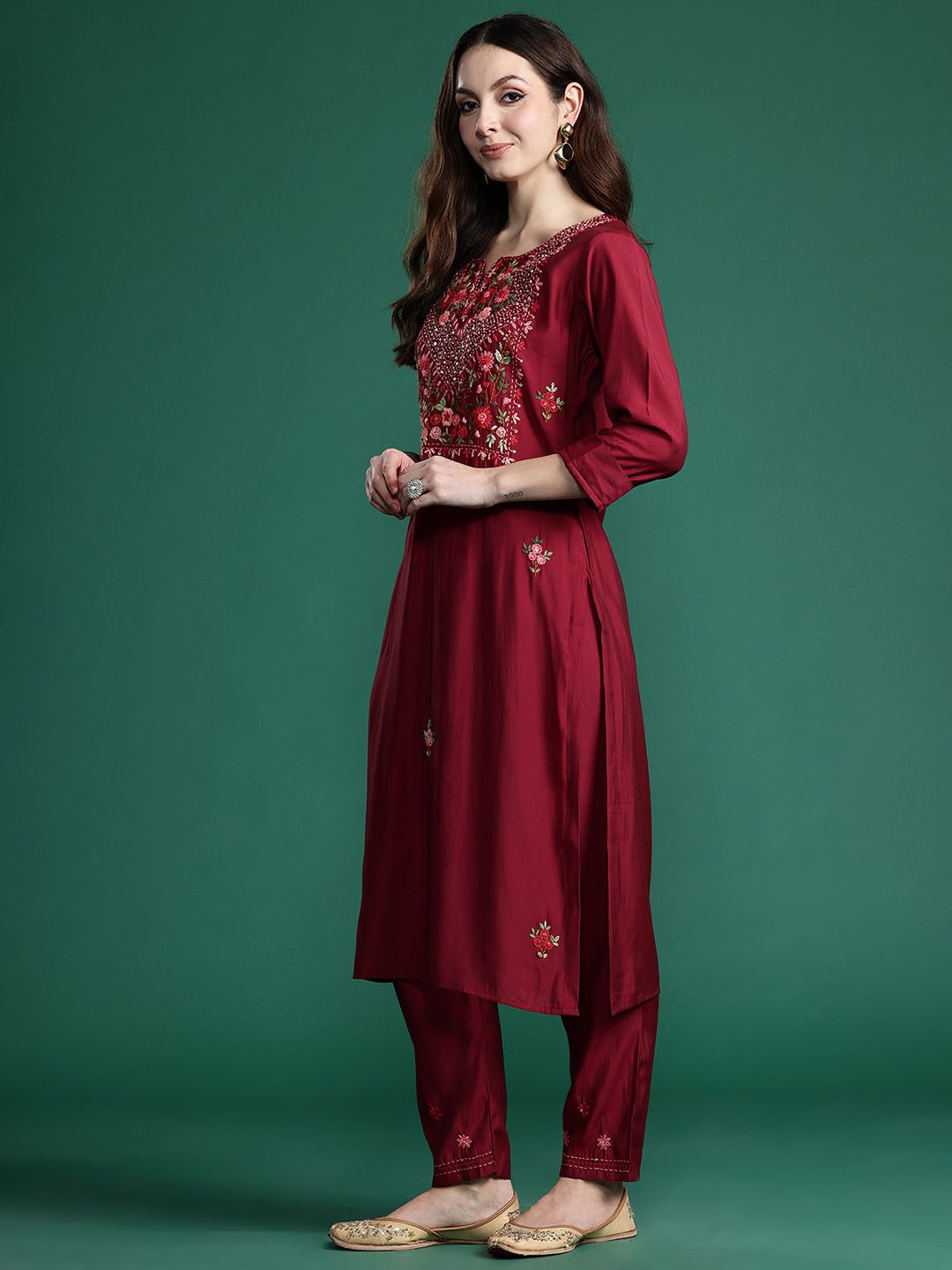 Indo Era Floral Embroidered Thread Work Kurta with Trousers & With Dupatta