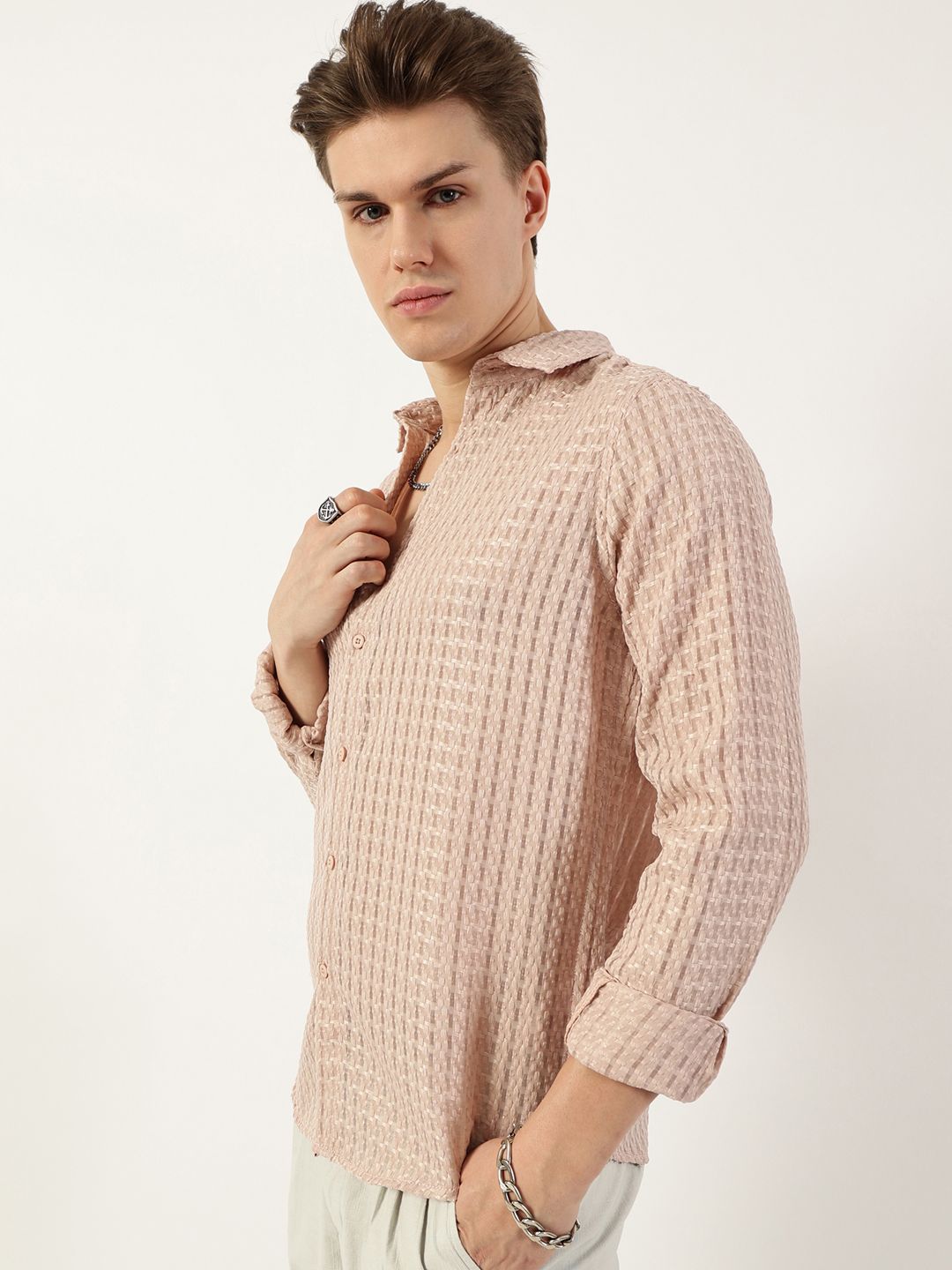 Thomas Scott Men Premium Spread Collar Textured Solid Slim Fit Casual Shirt
