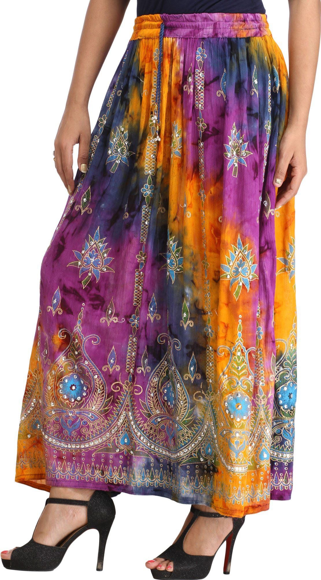 Exotic India Printed Flared Maxi Skirt