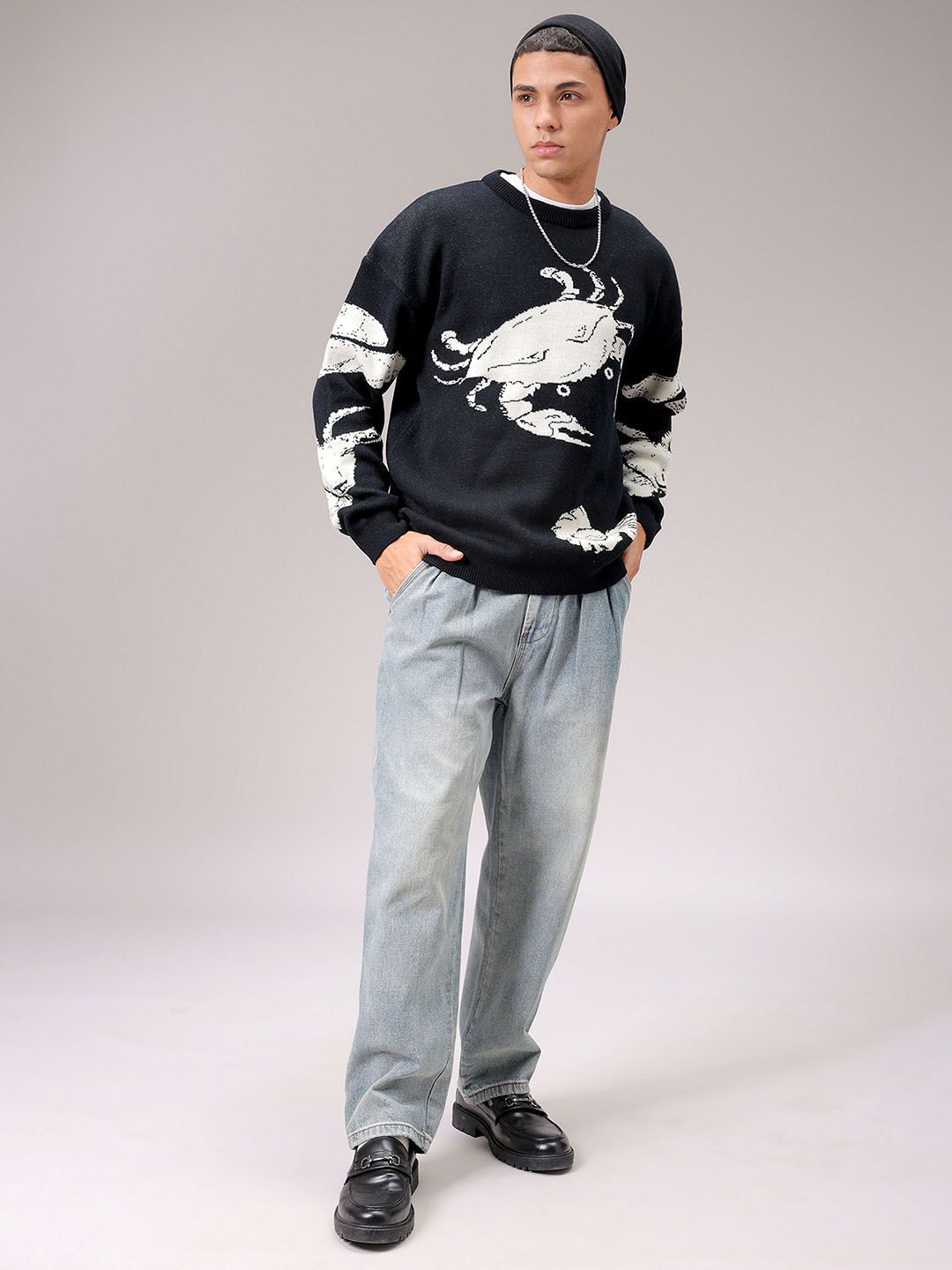 The Indian Garage Co Men Acrylic Graphic Printed Round Neck Pullover Sweaters