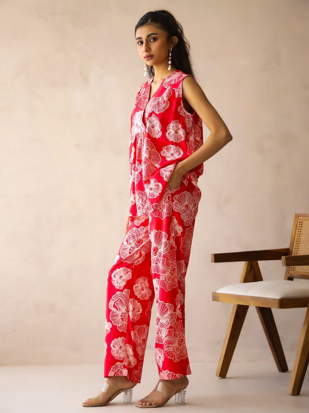 SANSKRUTIHOMES Printed V Neck Tunic With Trousers Co-Ords Set