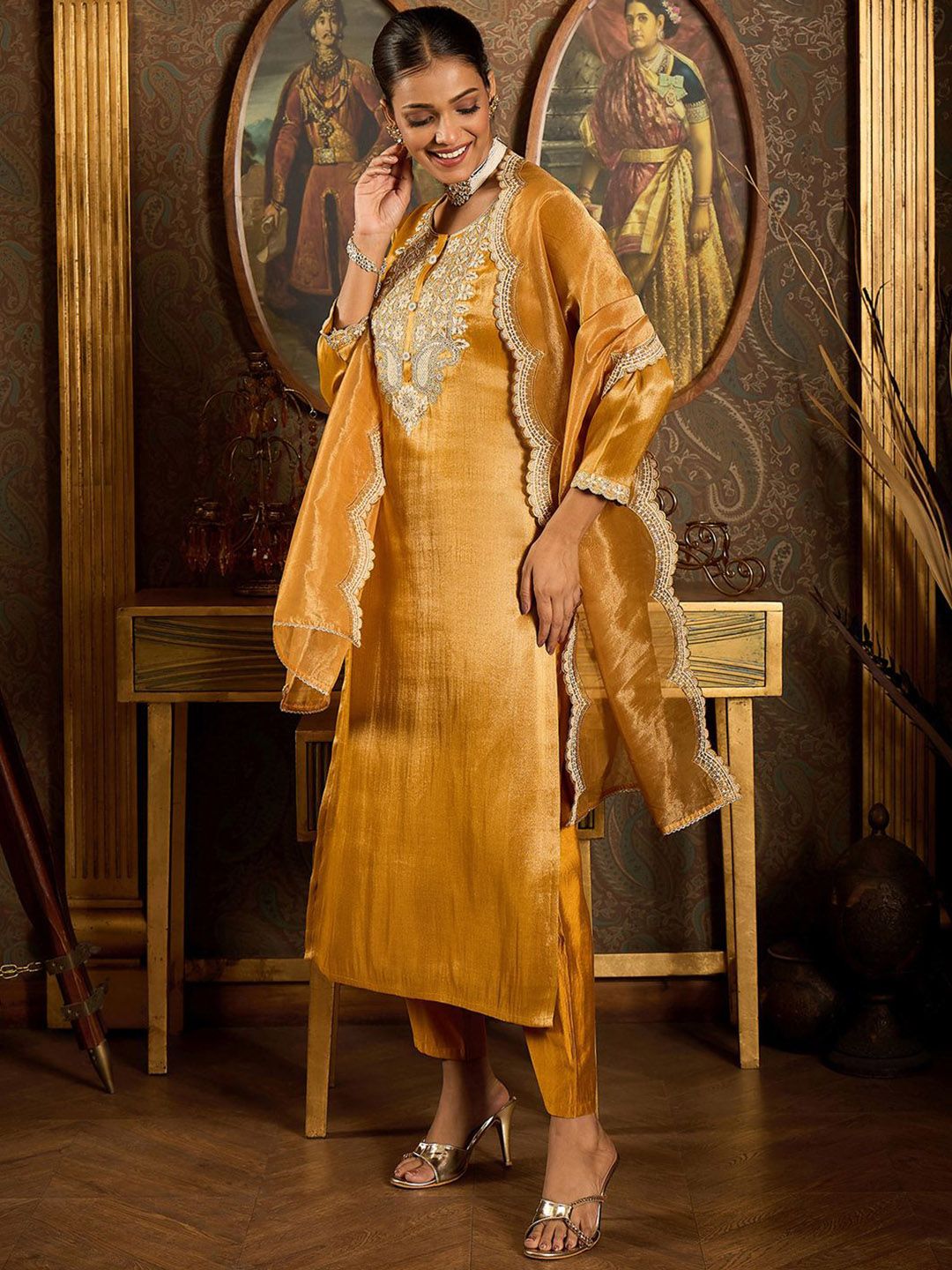 Indo Era Floral Embroidered Round Neck Regular Liva Kurta With Trouser With Dupatta