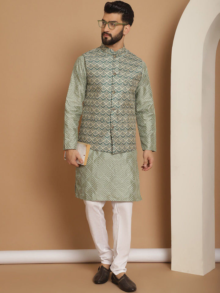 Anouk Mandarin Collar Embroidered Knee Length Regular Thread Work Kurta with Churidar