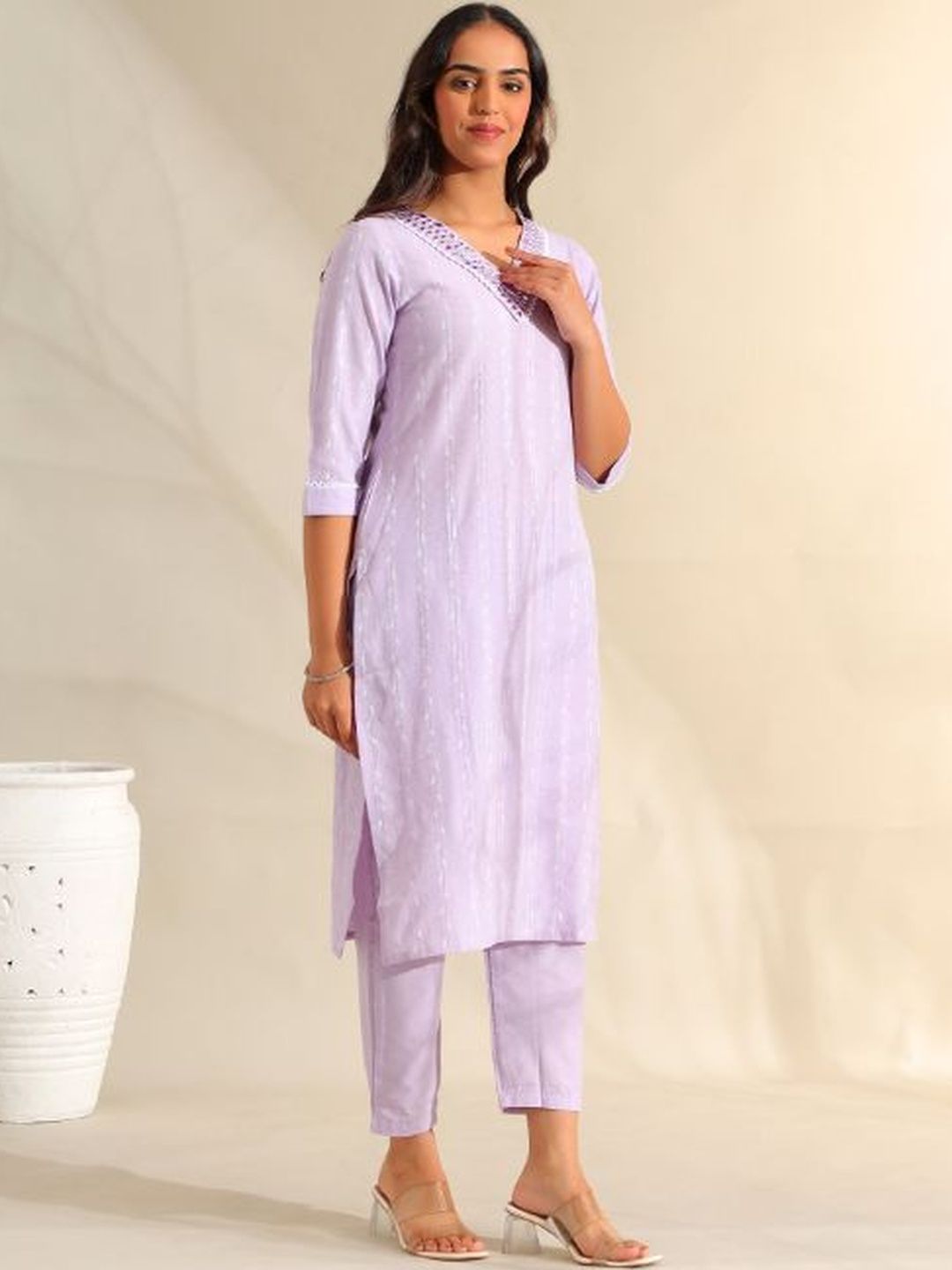 Mamicha Women Regular Mirror Work Pure Cotton Kurta with Trousers