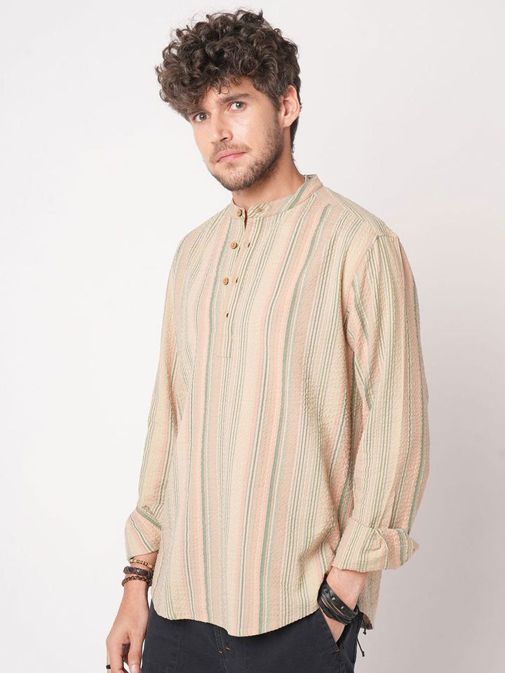 VASTRADO Men Striped Band Collar Straight Cotton Kurta