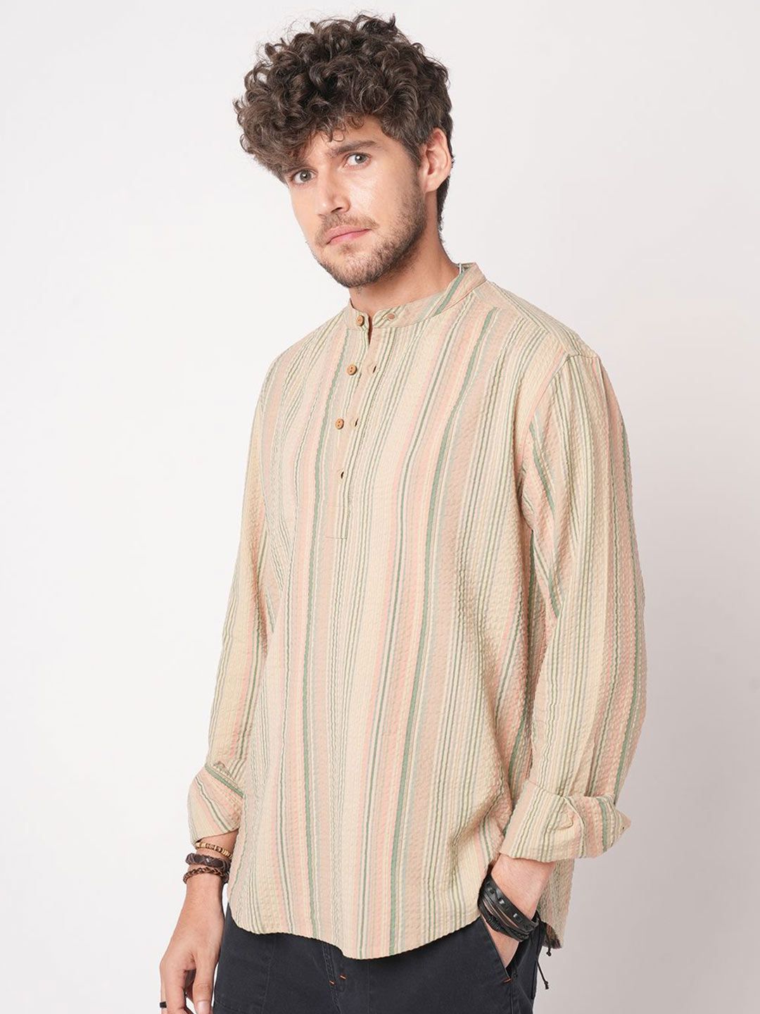 VASTRADO Men Striped Band Collar Straight Cotton Kurta