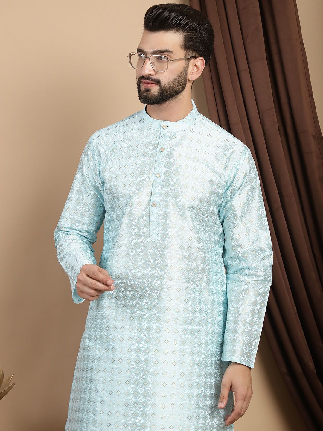 Motif Etnik Anouk Bercetak Kolar Mandarin Kurta Lurus Biasa dengan Churidar