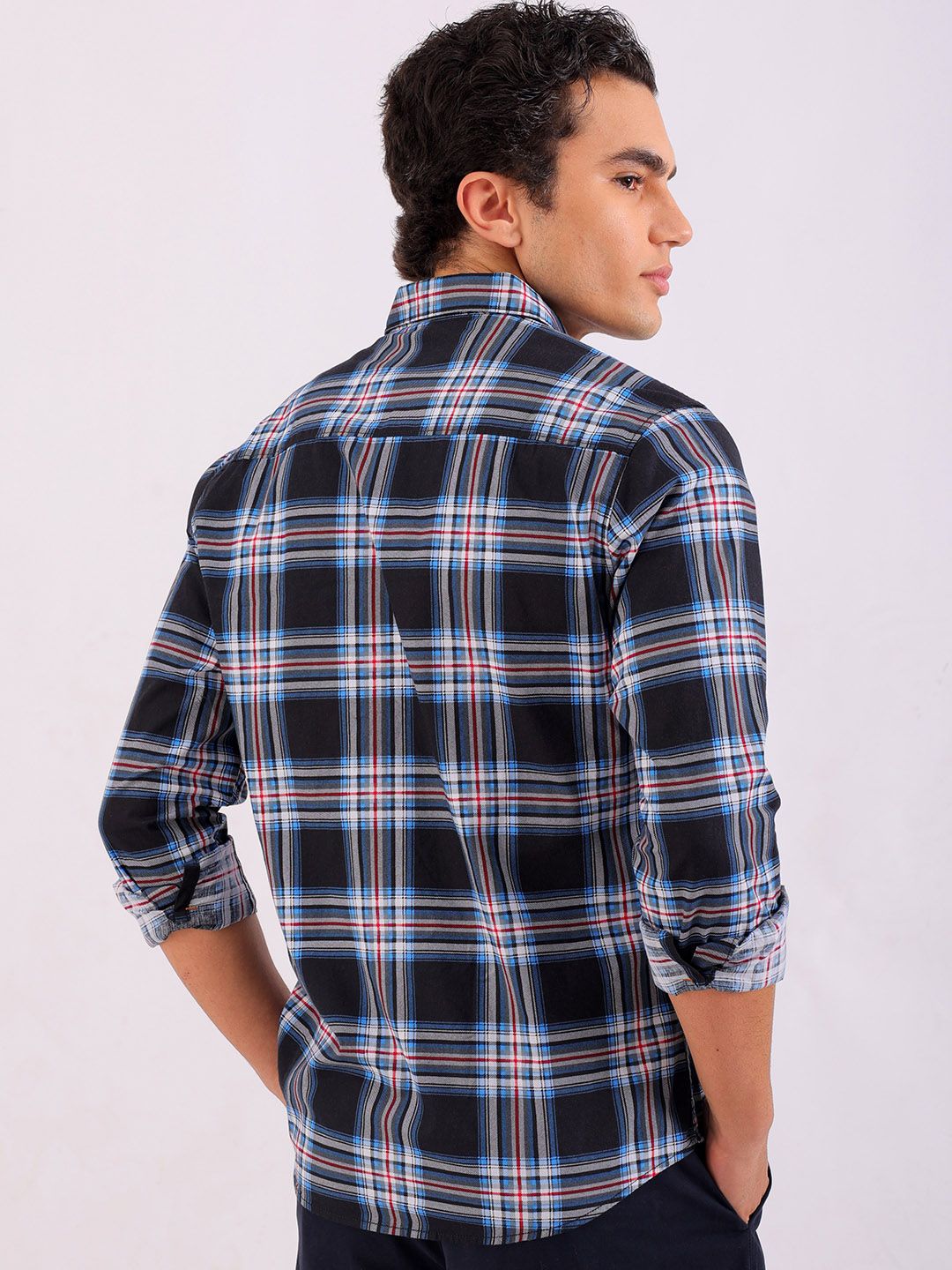 The Indian Garage Co Men Black & Grey Checked Pure Cotton Casual Shirt