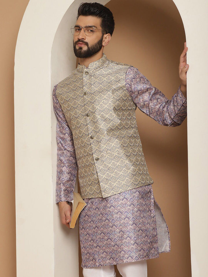 Anouk Ethnic Motifs Printed Straight Kurta with Churidar & Nehru Jacket