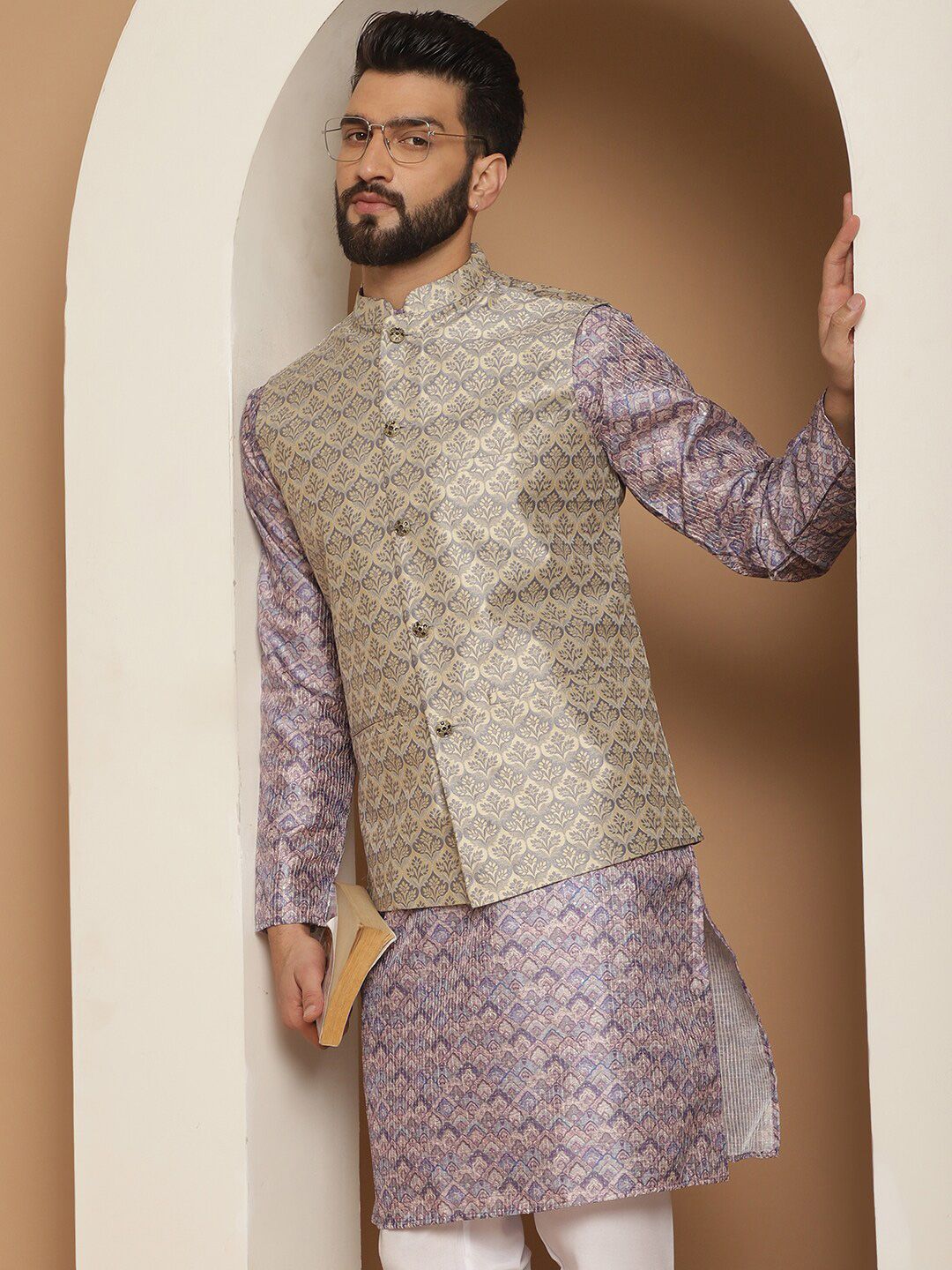 Anouk Ethnic Motifs Printed Straight Kurta with Churidar & Nehru Jacket