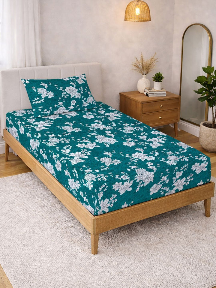 KLOTTHE Green Floral Printed   300 TC Single   Bedsheets