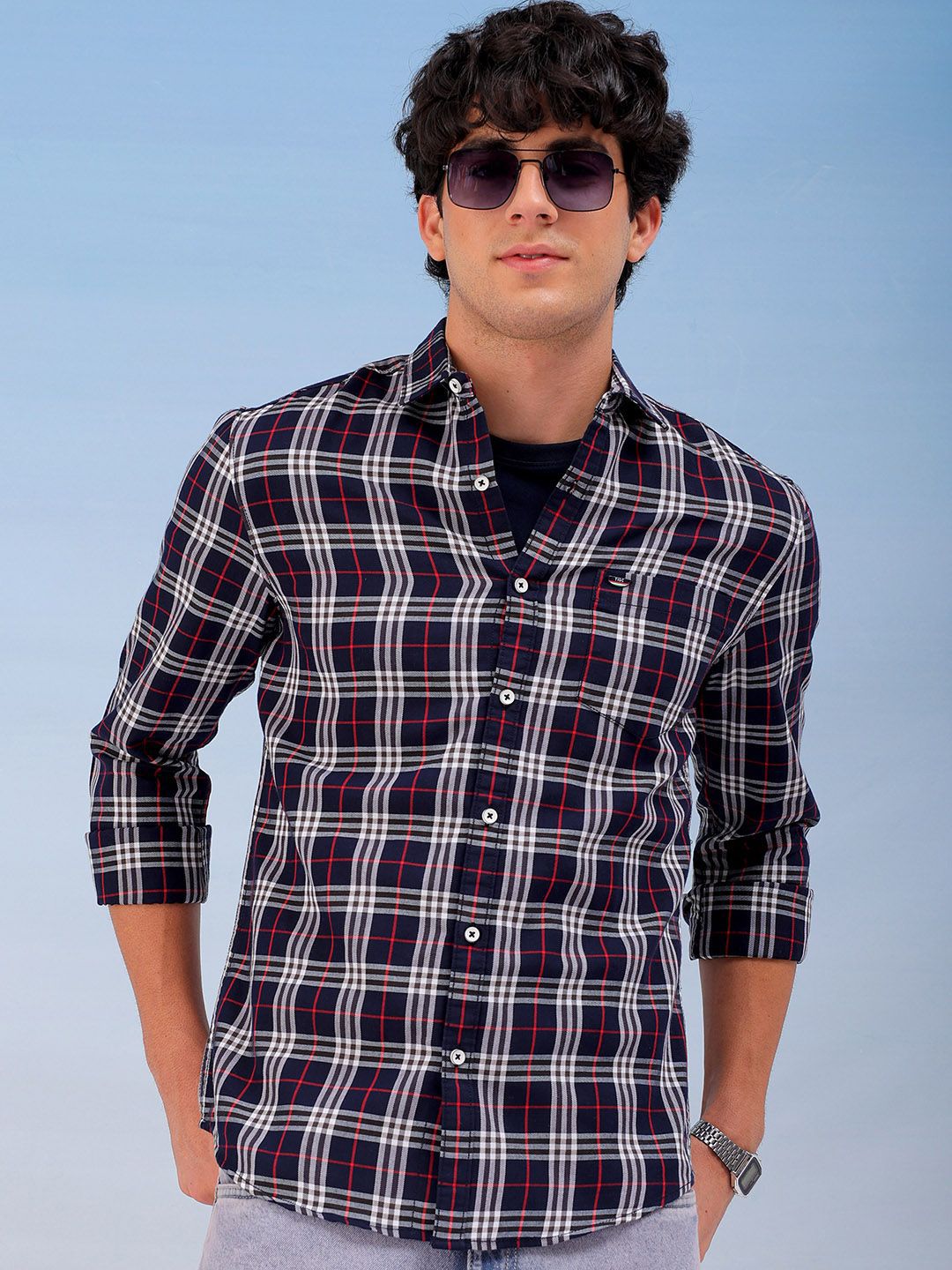 The Indian Garage Co Men Spread Collar Checked Cotton Slim Fit Casual Shirt