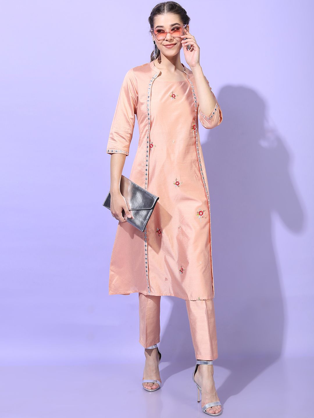Vishudh Women Ethnic Motifs Embroidered Regular Straight Kurta With Palazzos