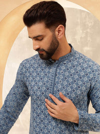 Anouk Blue Mandarin Collar Geometrik Sulam Labuci Kapas Tulen Kurta Lurus