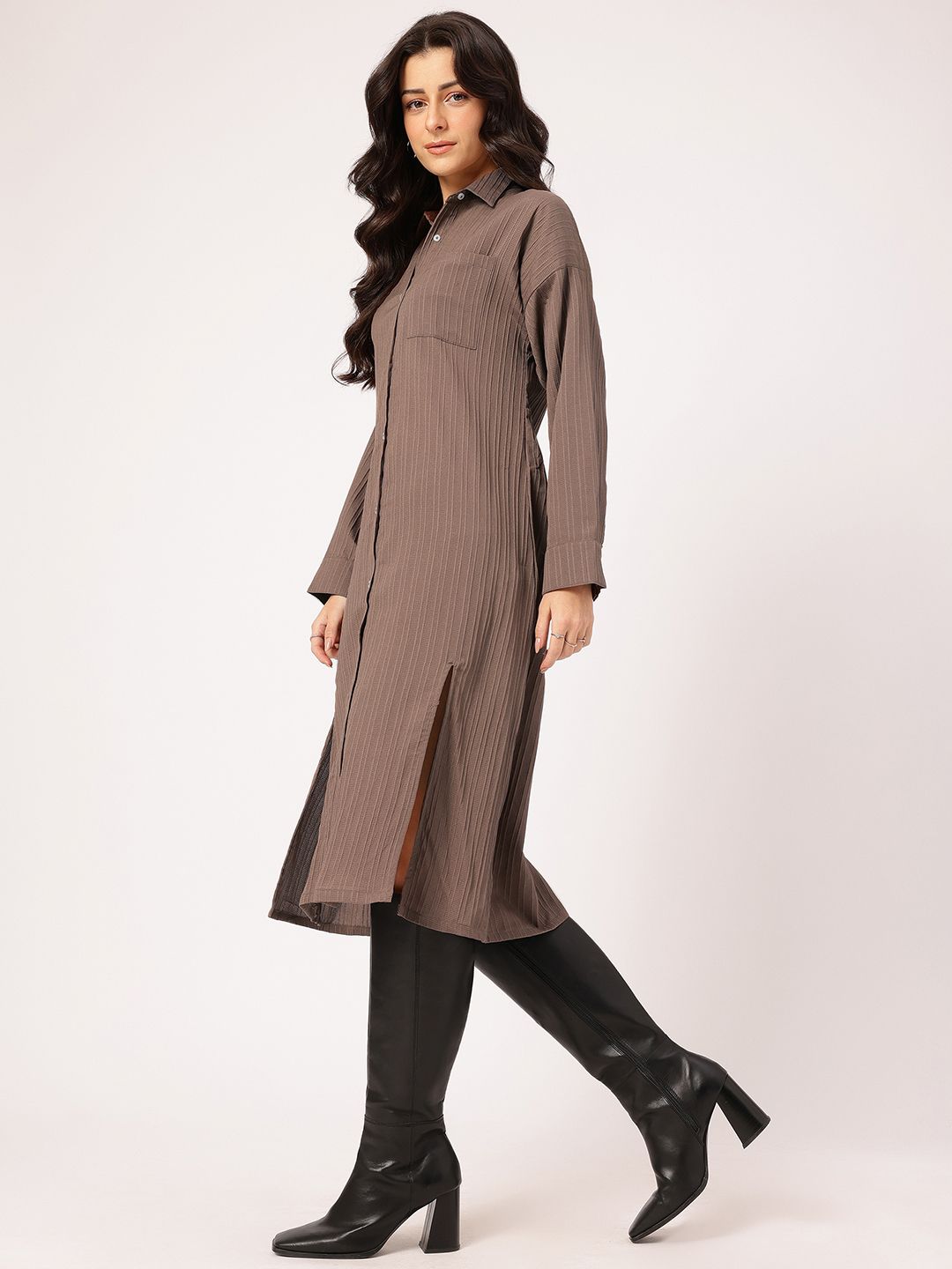 DressBerry Chic Slit Textured Midi Shirt Dress
