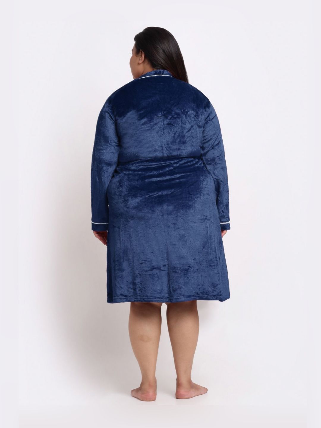 KLOTTHE Plus Size Blue Woolen Long Sleeves Bath Robe With Belt