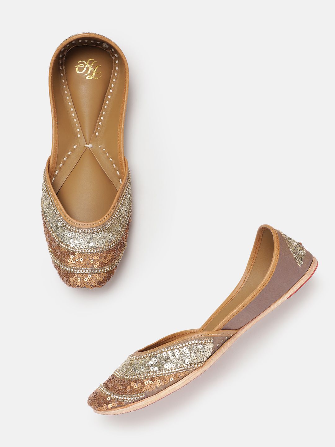 House of Pataudi Women Sequin Embellished Leather Mojaris