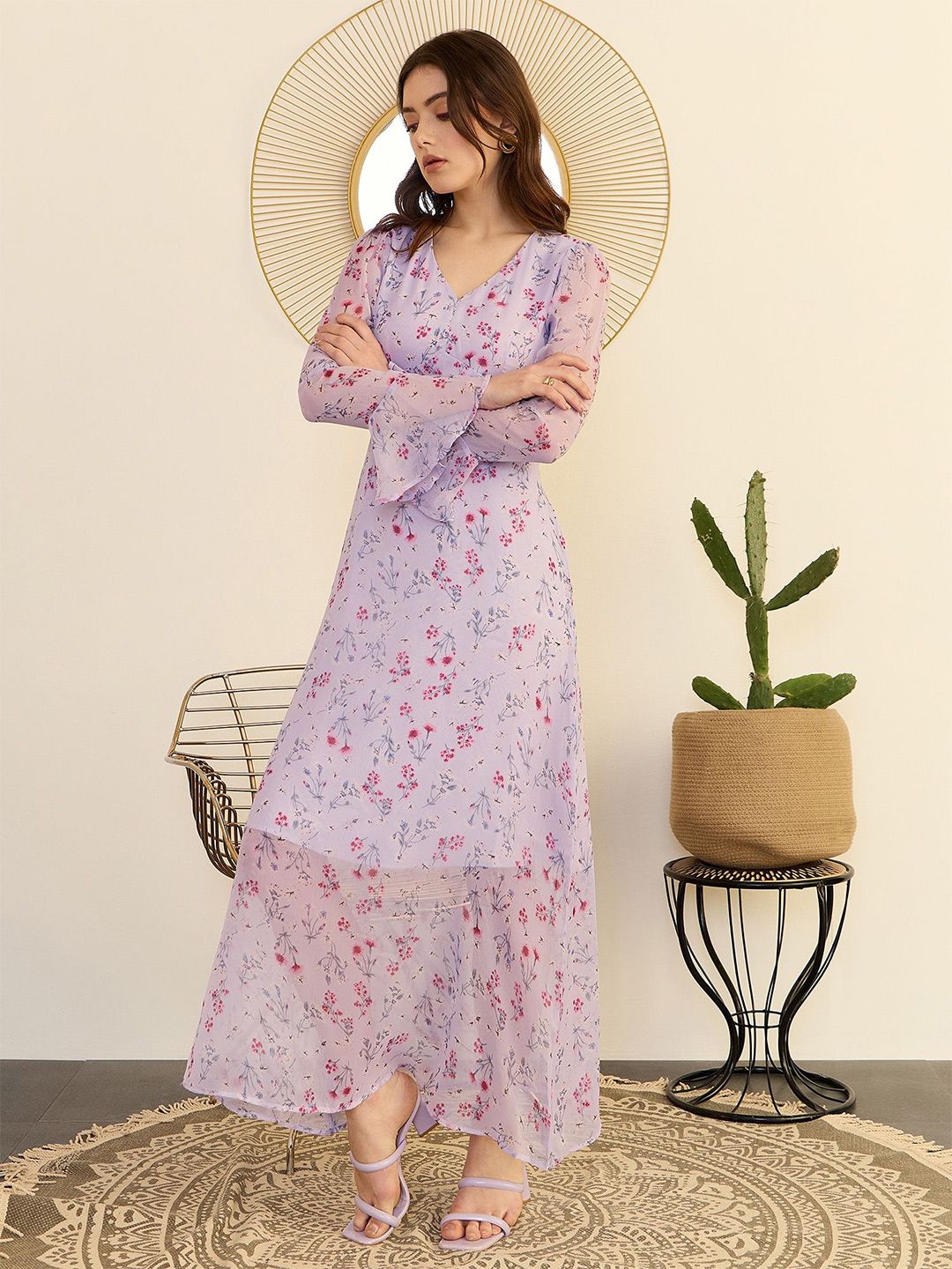 Berrylush Floral Printed Bell Sleeve Chiffon A-Line Maxi Dress