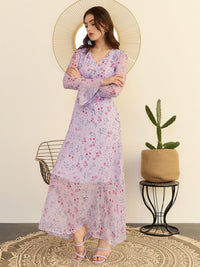 Berrylush Floral Printed Bell Sleeve Chiffon A-Line Maxi Dress
