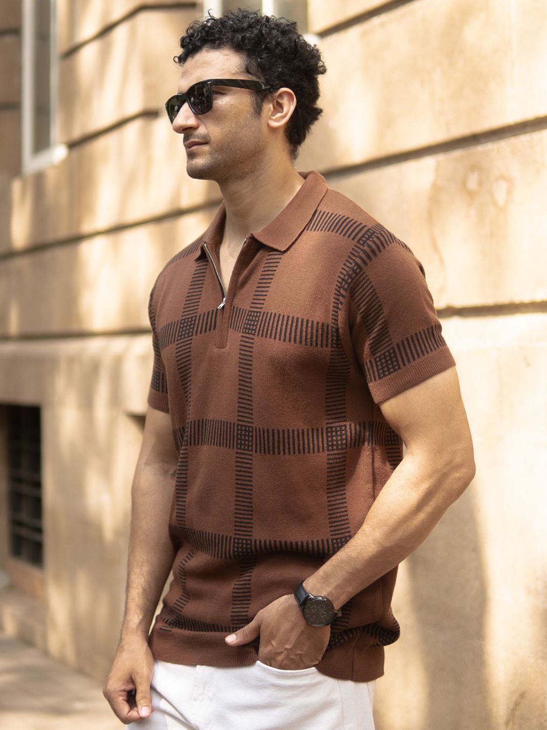 Powerlook Men Checked Knitted Polo Collar T-shirt