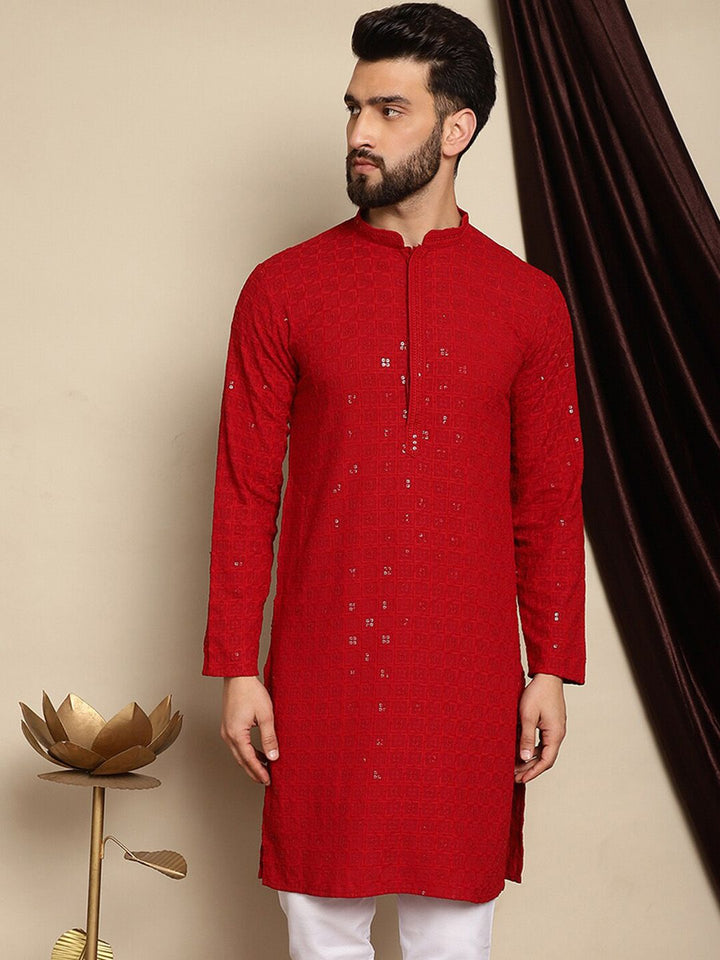 Anouk Maroon Geometric Embroidered Sequined Mandarin Collar Pure Cotton Straight Kurta