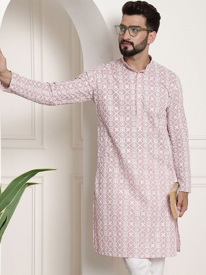 SOJANYA Band Collar Ethnic Motifs Embroidered Thread Work Cotton Kurta