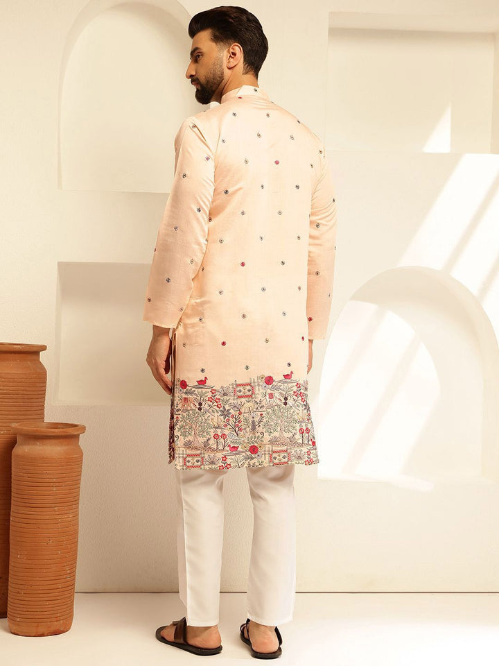 SOJANYA Floral Embroidered Mandarin Collar Thread Work Cotton Silk Straight Kurta