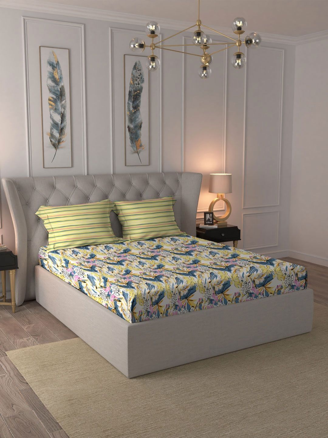 MYTRIDENT Dahlia Yellow Moments Flat 120TC Queen Cotton 1 Bedsheet with 2 Pillow Covers