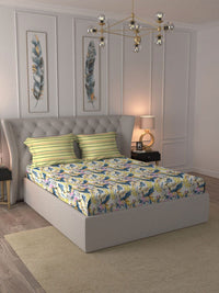 MYTRIDENT Dahlia Yellow Moments Flat 120TC Queen Cotton 1 Bedsheet with 2 Pillow Covers