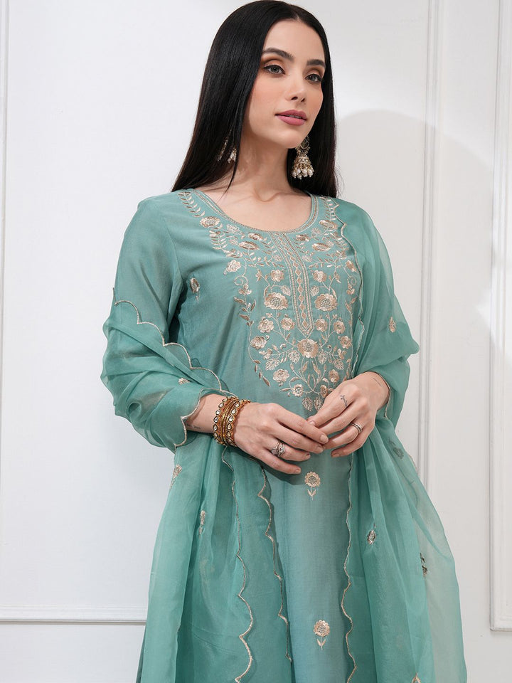 Vishudh Women Sea Embroidered New Roman Kurta with Bott0m and Nylon Organza Dupatta