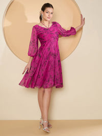 Antheaa Floral Puff Sleeve Chiffon Empire Dress