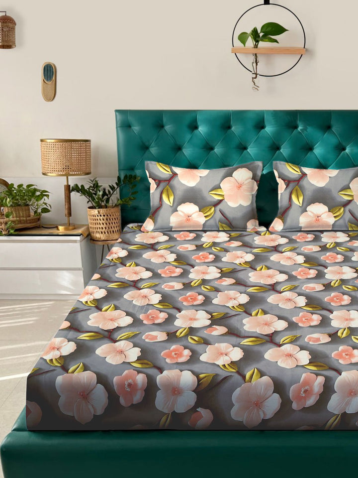 KLOTTHE Grey Floral Fitted 300TC King Superfine 7D Cadar & 2 Sarung Bantal-2.50mx2.25m