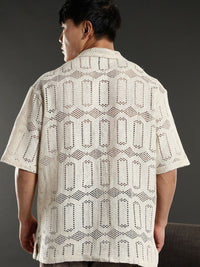 Eszett Geometric Self Design Spread Collar Lengan Pendek Baju Kapas Tulen