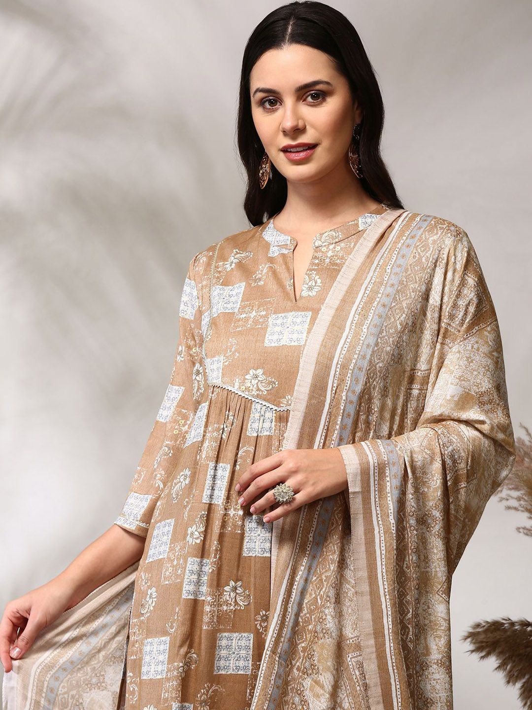 Anouk Floral Printed Regular Straight Kurta with Trousers & Dupatta