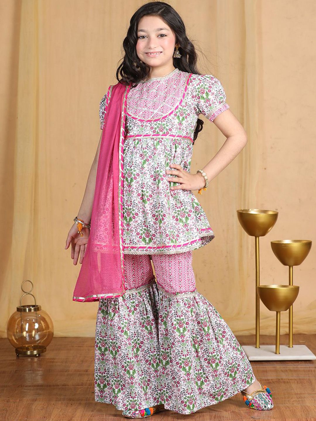 Cutiekins Girls Floral Printed Empire Gotta Patti Kurta with Sharara & With Dupatta