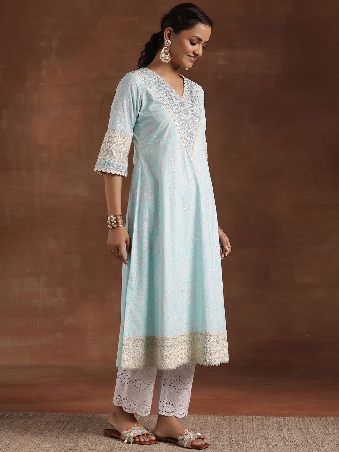 Libas Floral Printed Sequinned Pure Cotton Kurta with Trousers & Dupatta