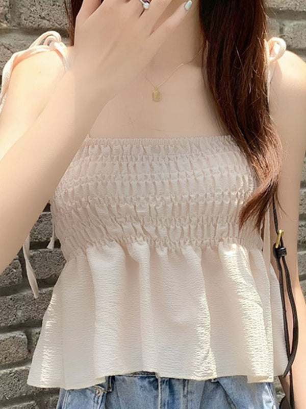 DressBerry Shoulder Straps Smocking Peplum Top