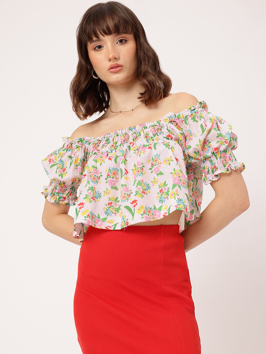 DressBerry Sassy Sweetheart Floral Print Smocked Bardot Top