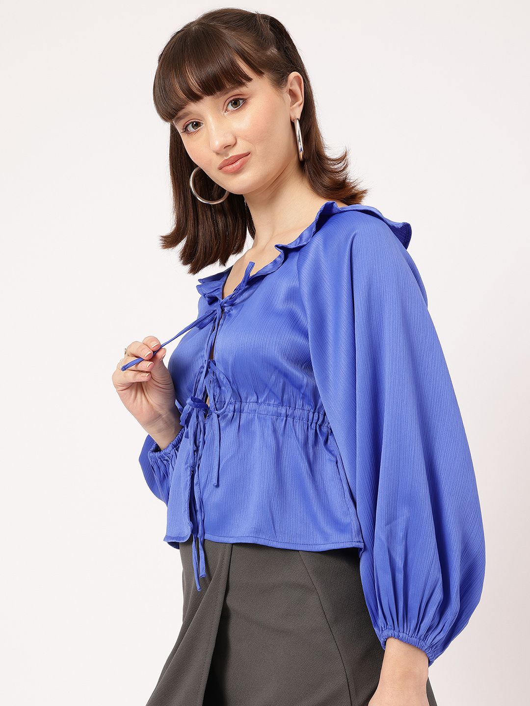 DressBerry Whimsy & Wow Ruffles Detail Tie-Up Front Cinched-Waist Top