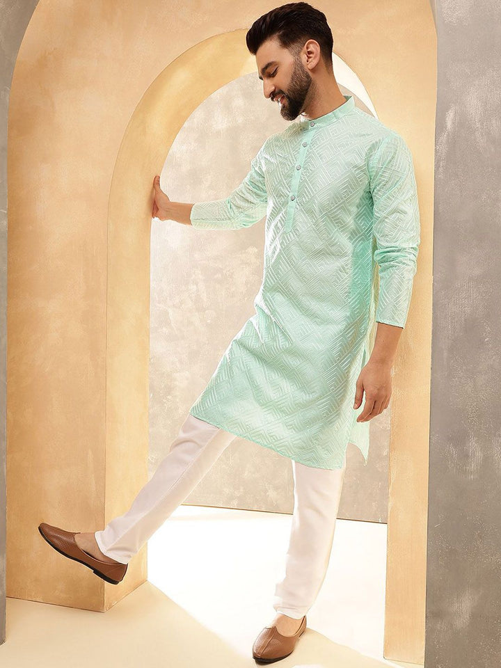 Anouk Sea Green & White Band Collar Geometric Embroidered Straight Kurta