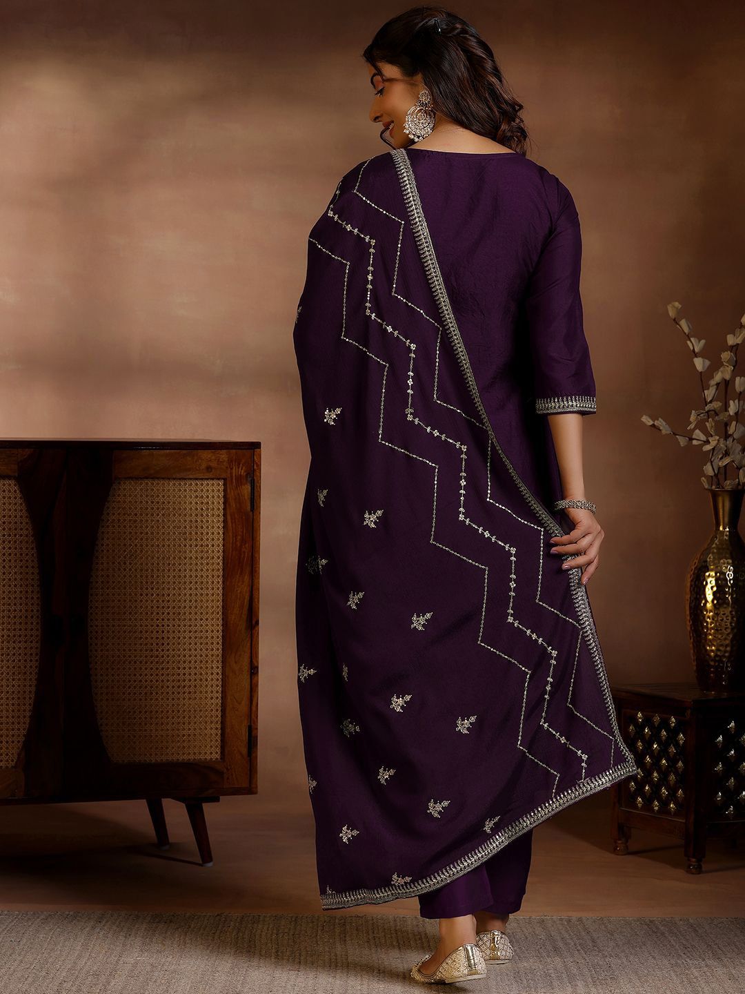 Libas Floral Printed V-Neck Thread Work Straight Kurta With Palazzos & Dupatta