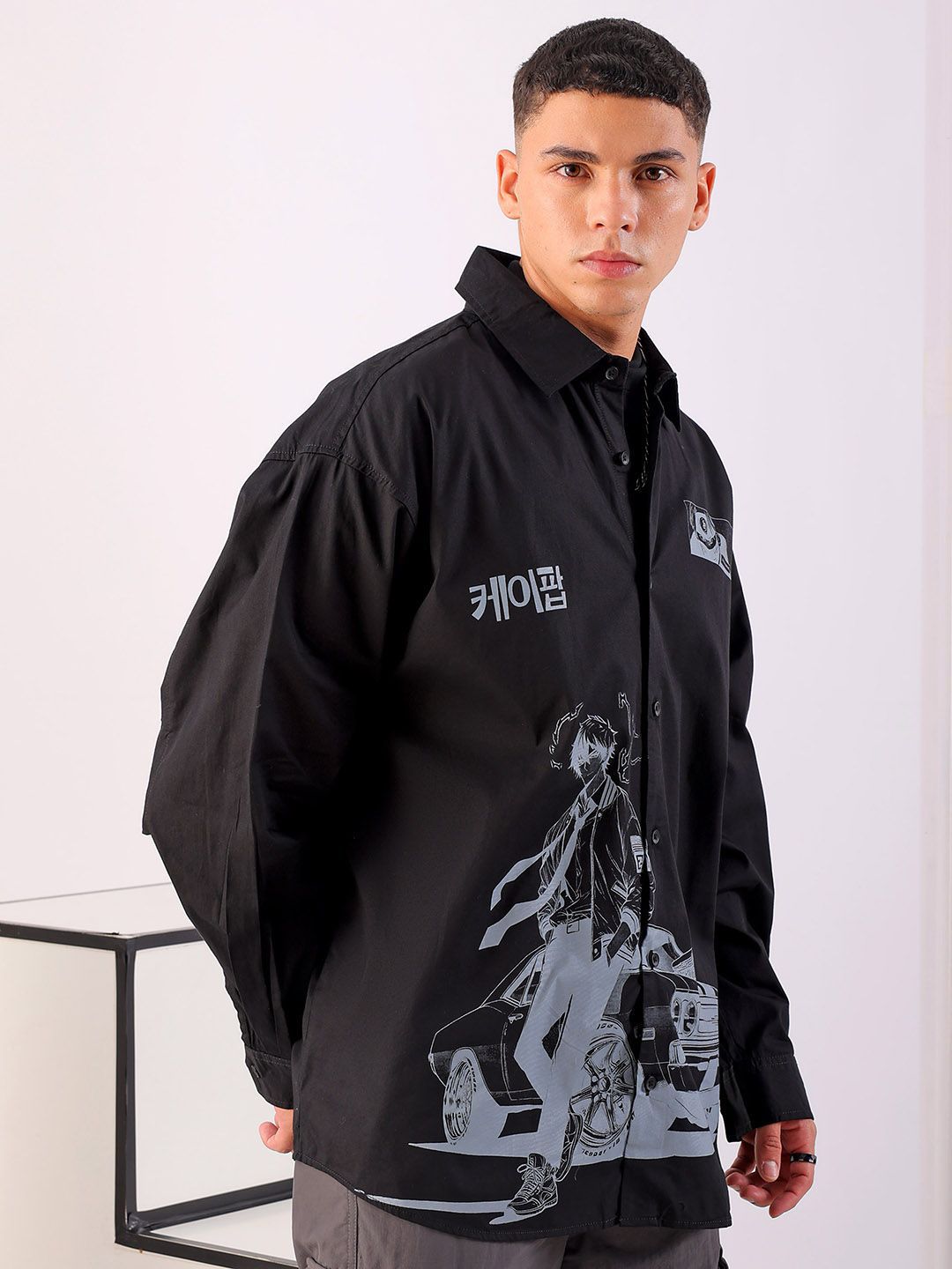 The Indian Garage Co Men Anime Printed Cotton Oversized Boxy Streetwear Shirt