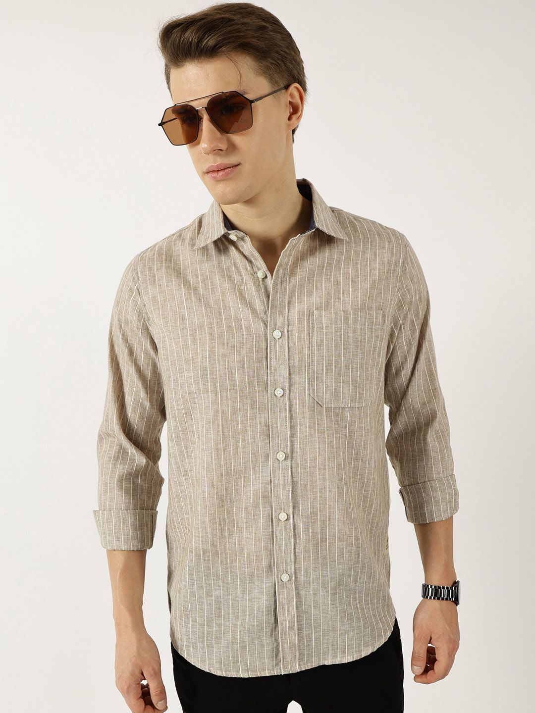 Thomas Scott Men Classic Slim Fit Opaque Striped Casual Shirt