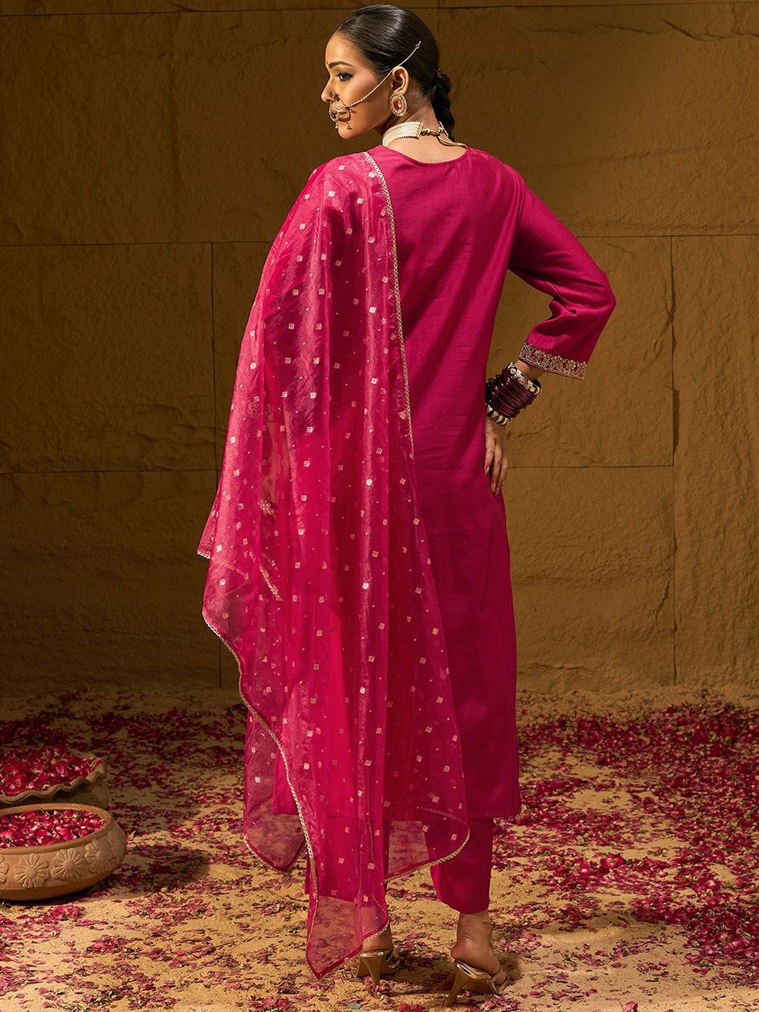 Indo Era Ethnic Motifs Yoke Design Straight Zari  Liva Kurta with Trousers & Dupatta