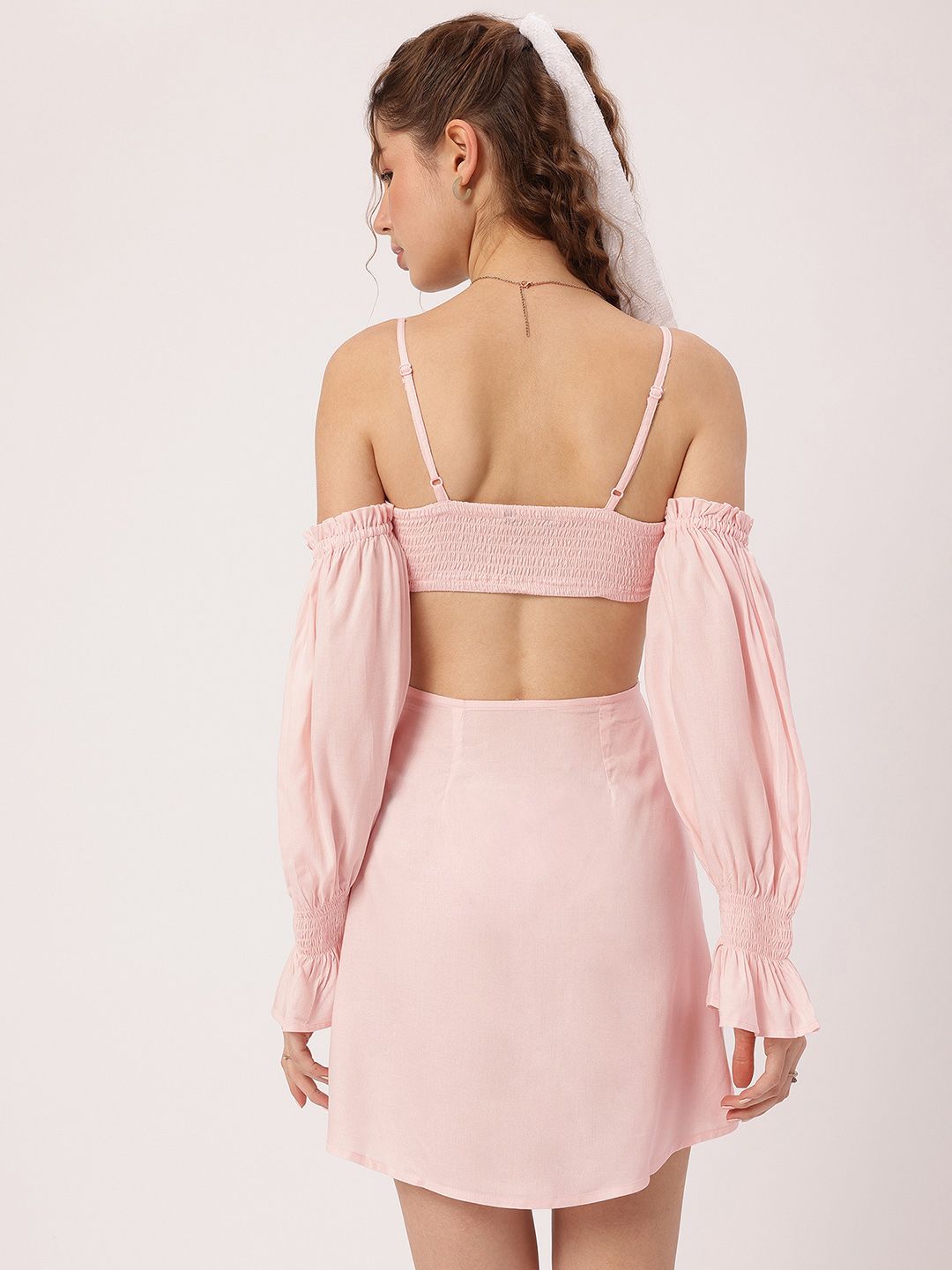 DressBerry Fairy Core Cold-Shoulder Sleeves Cut-Out Smocked Mini Dress