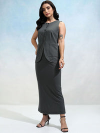 Tokyo Talkies Grey Round Neck Sleeveless Buttondown Blazer With Skirt