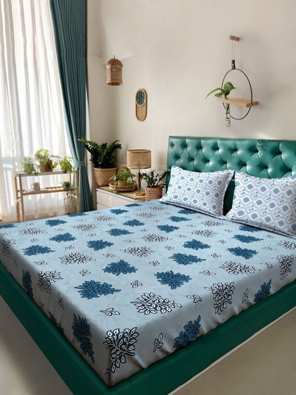 KLOTTHE Blue Floral Pure Cotton 400 TC King Fine Bedsheet with 2 Pillow Covers-98 x 89 inches