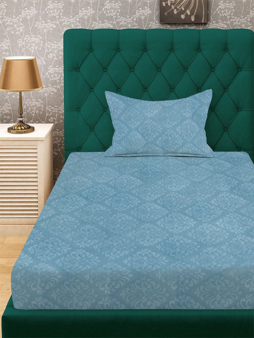 Myntra Elegant Homes Turquoise Blue Floral 300 TC Cadar Tempat Tidur Single dengan 1 Sarung Bantal